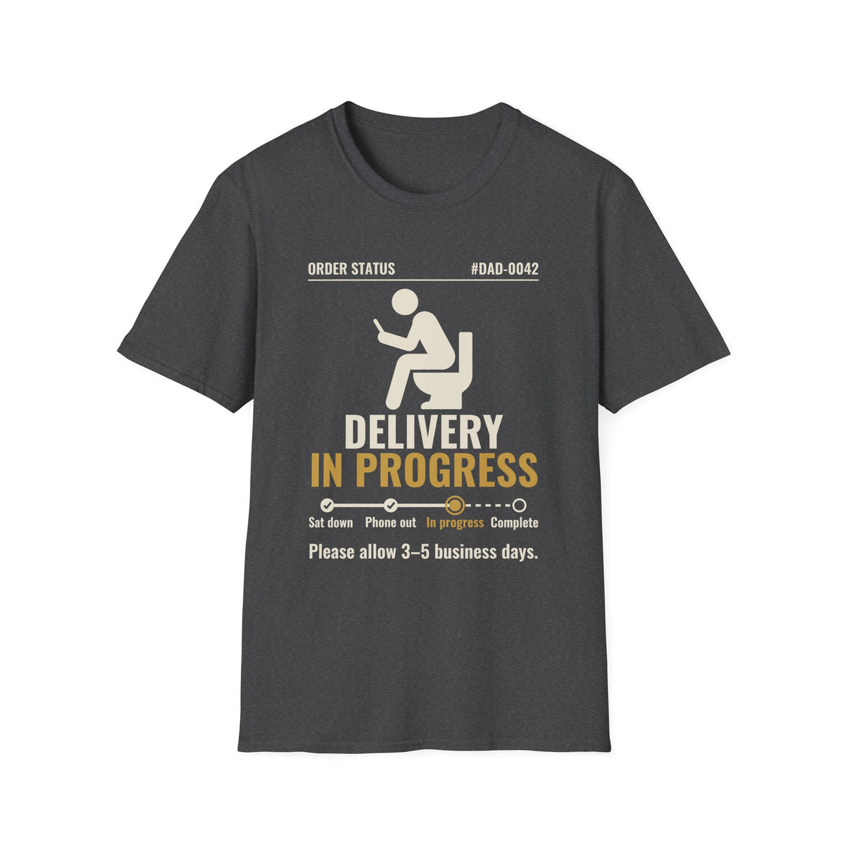 Delivery In Progress t-shirt in Dark Heather, front view