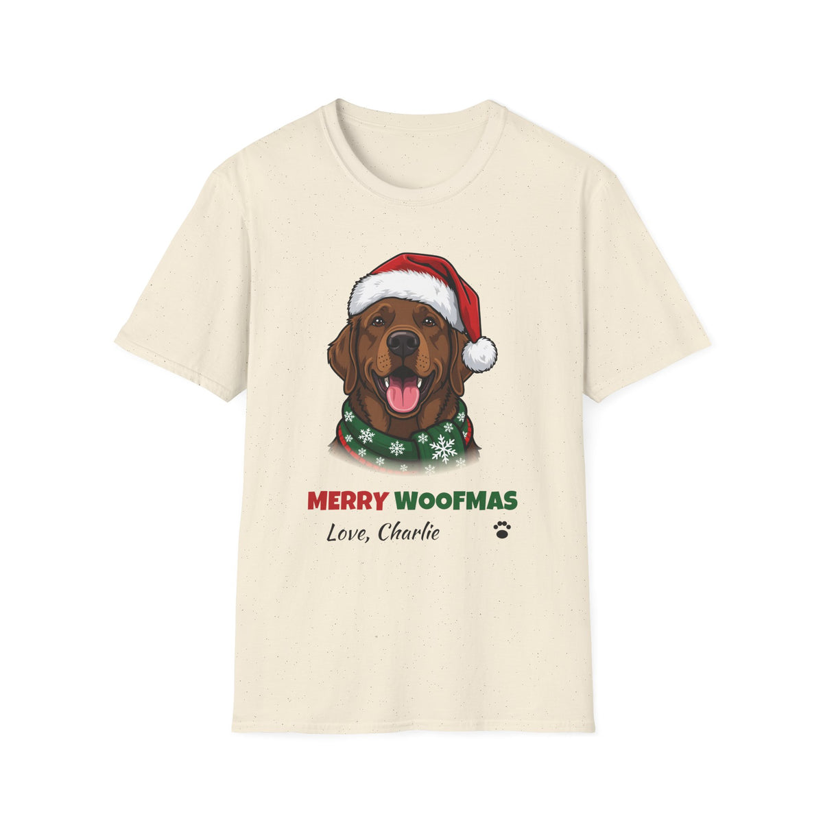 Merry Woofmas Chocolate Labrador Christmas t-shirt in Natural, front view