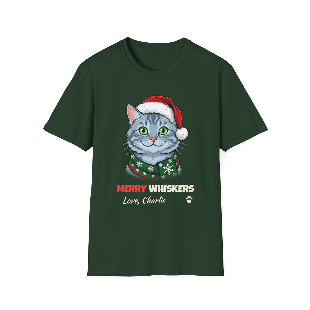 Merry Whiskers Gray Cat Christmas t-shirt in Forest Green, front view