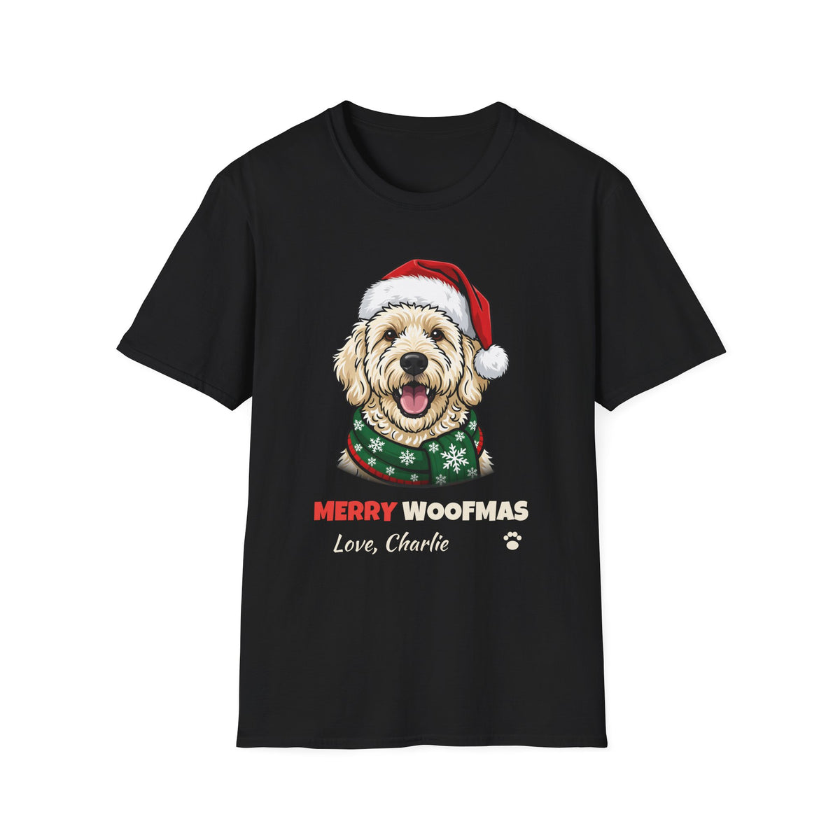 Merry Woofmas Labradoodle Christmas t-shirt in Black, front view
