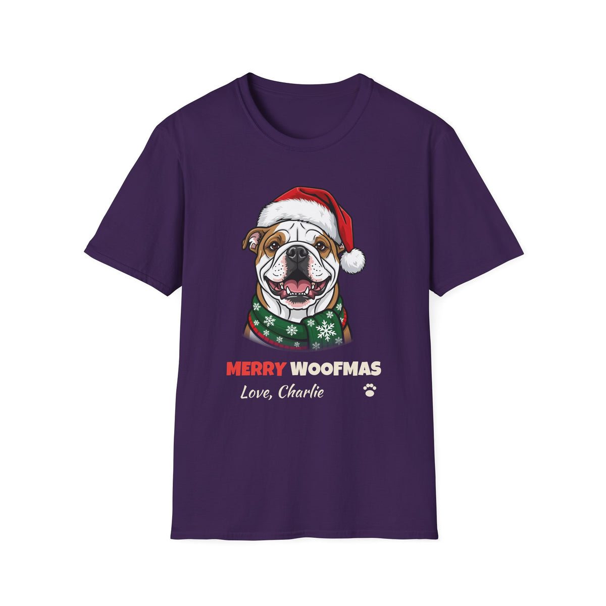 Merry Woofmas Bulldog Christmas t-shirt in Purple, front view