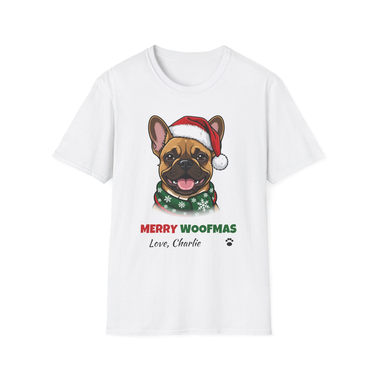 Merry Woofmas French Bulldog Christmas t-shirt in White, front view