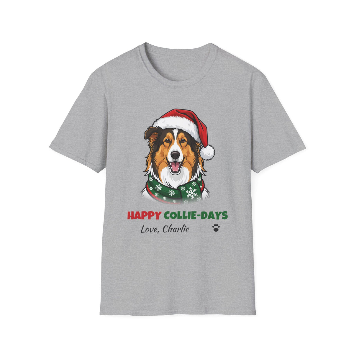 Happy Collie-Days Rough Collie Christmas t-shirt in Sport Gray, front view