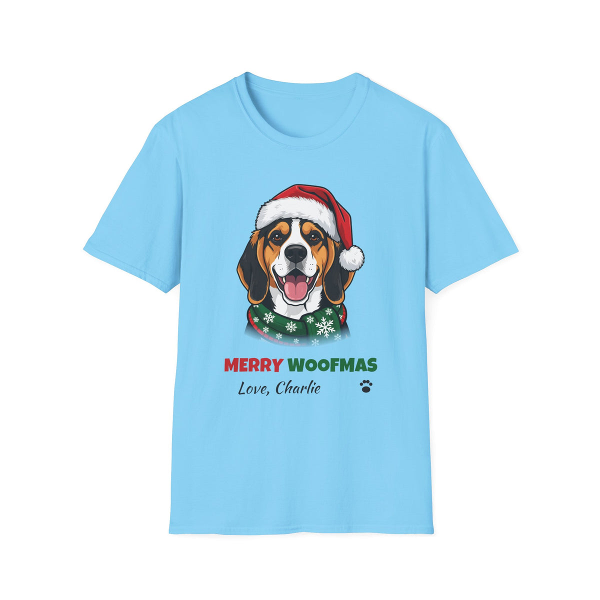 Merry Woofmas Beagle Christmas t-shirt in Sky, front view
