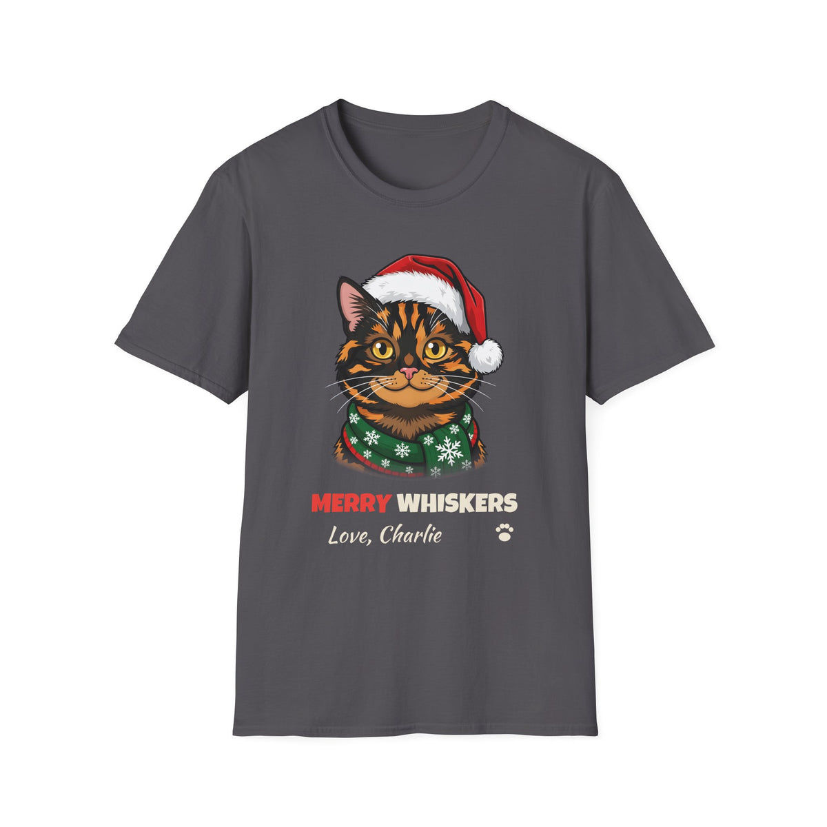 Merry Whiskers Tortoiseshell Cat Christmas t-shirt in Charcoal, front view