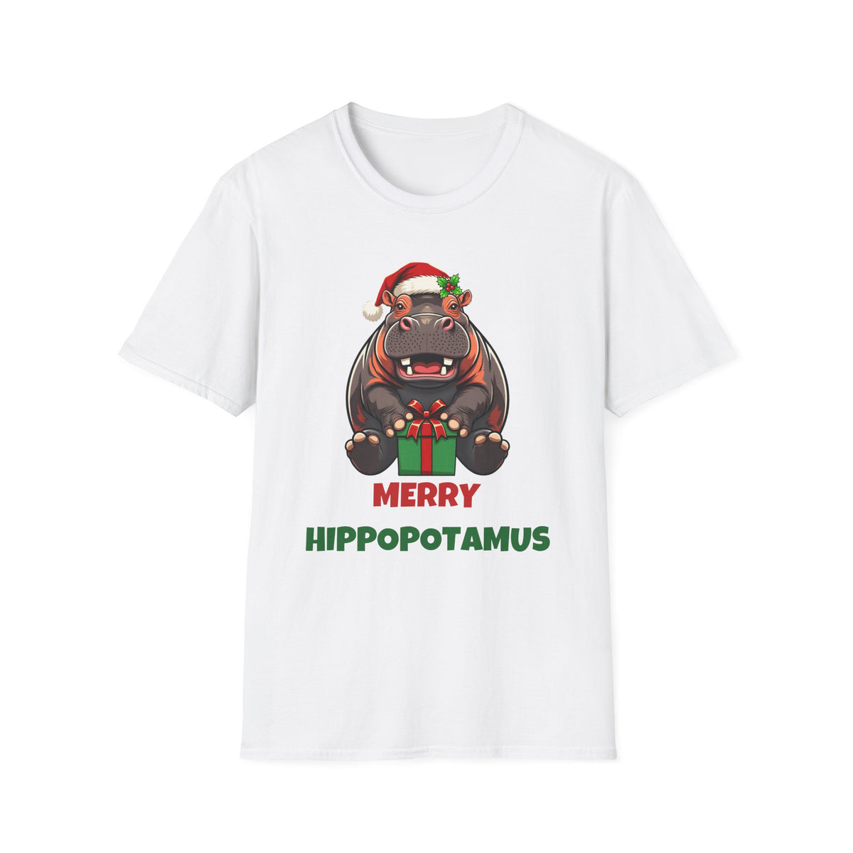 Merry Hippopotamus Christmas t-shirt in White, front view