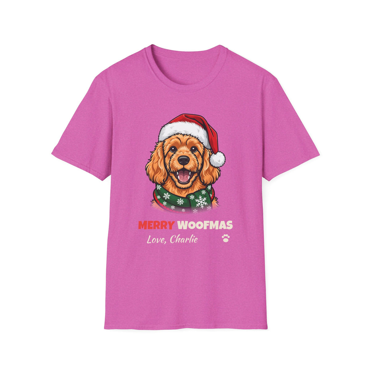 Merry Woofmas Apricot Cavapoo Christmas t-shirt in Heather Berry, front view