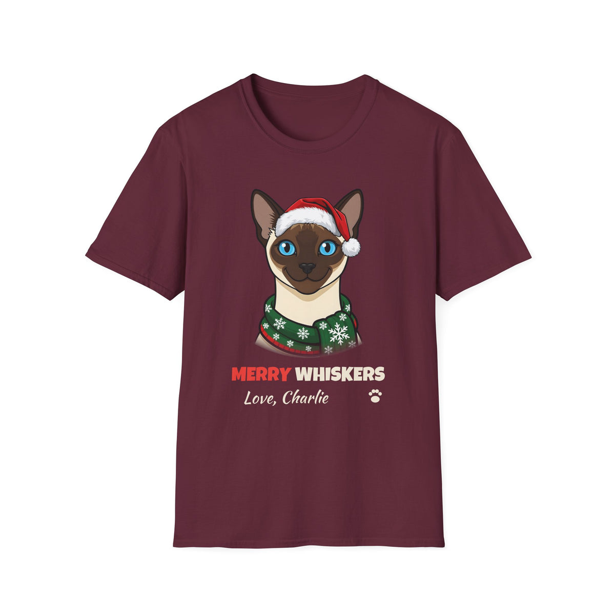Merry Whiskers Siamese Cat Christmas t-shirt in Maroon, front view