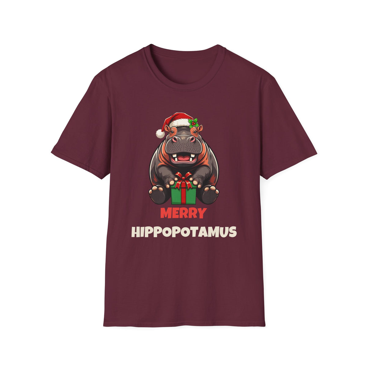 Merry Hippopotamus Christmas t-shirt in Maroon, front view