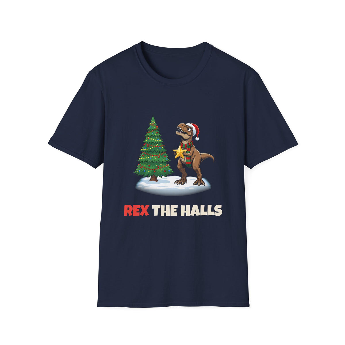 Rex the Halls Christmas t-shirt in Navy, front view