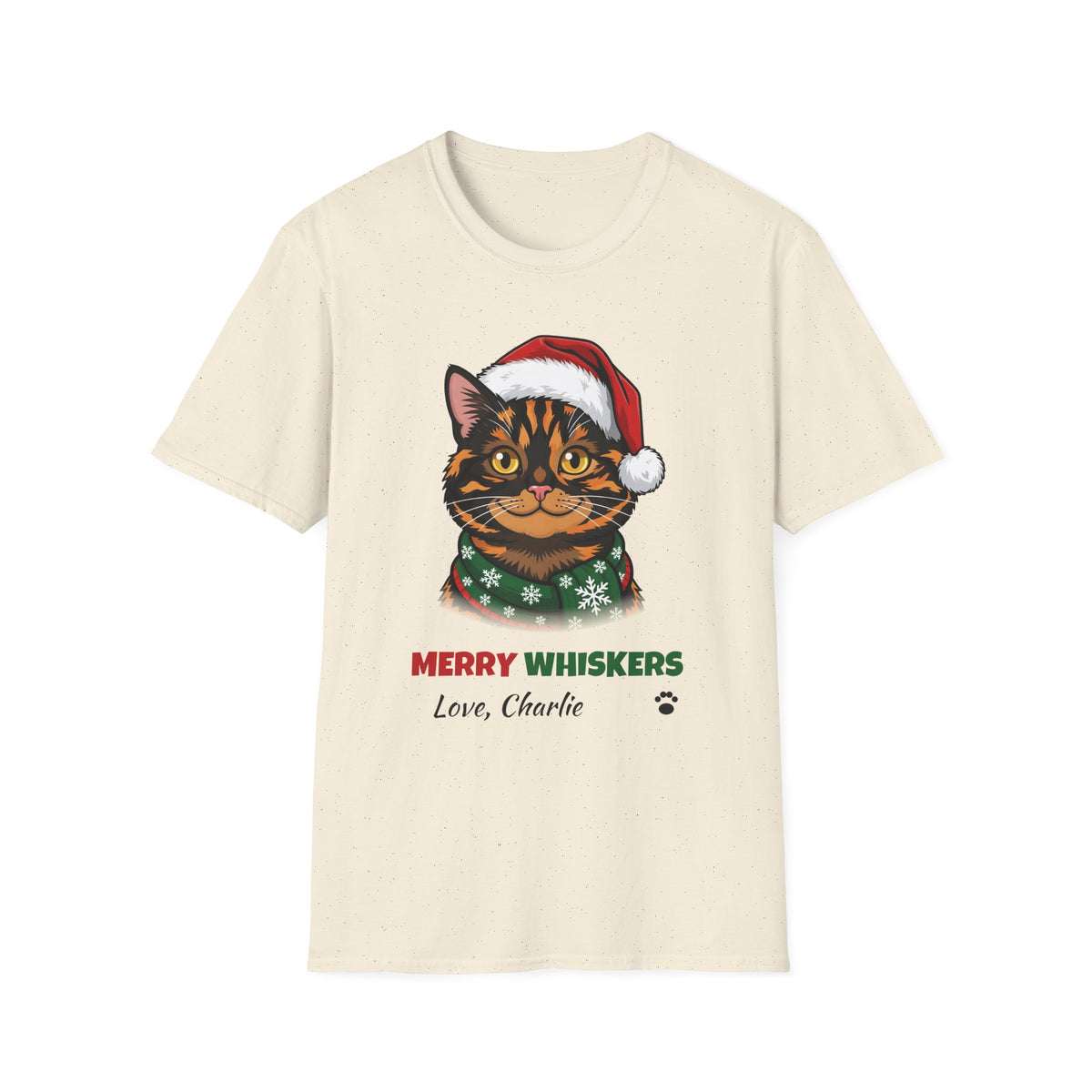 Merry Whiskers Tortoiseshell Cat Christmas t-shirt in Natural, front view