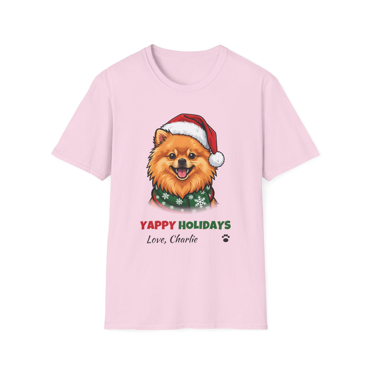 Yappy Holidays Pomeranian Christmas t-shirt in Light Pink, front view