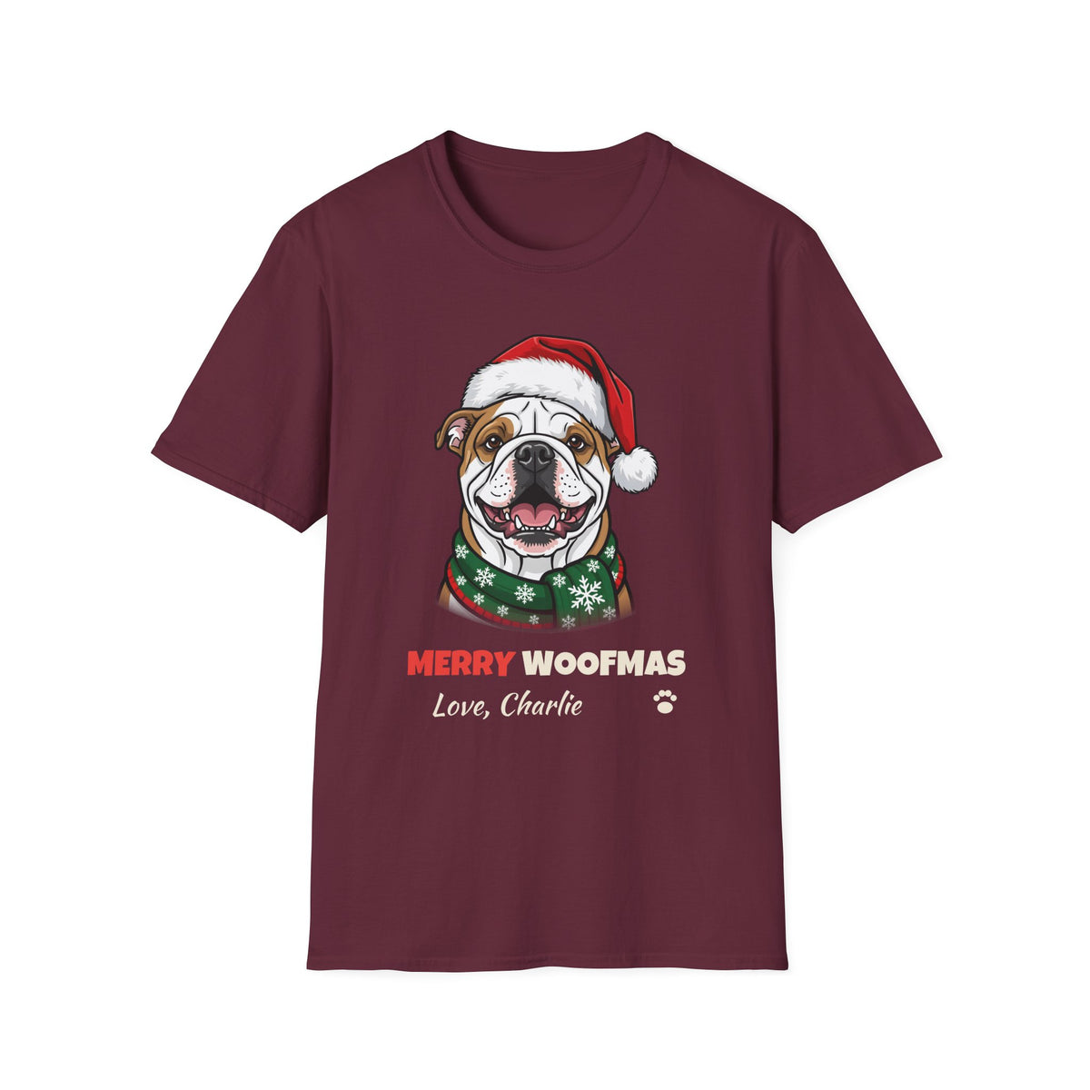 Merry Woofmas Bulldog Christmas t-shirt in Maroon, front view