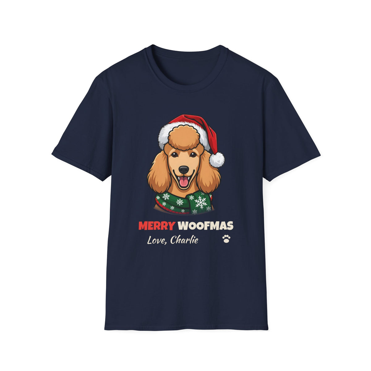 Merry Woofmas Poodle Christmas t-shirt in Navy, front view