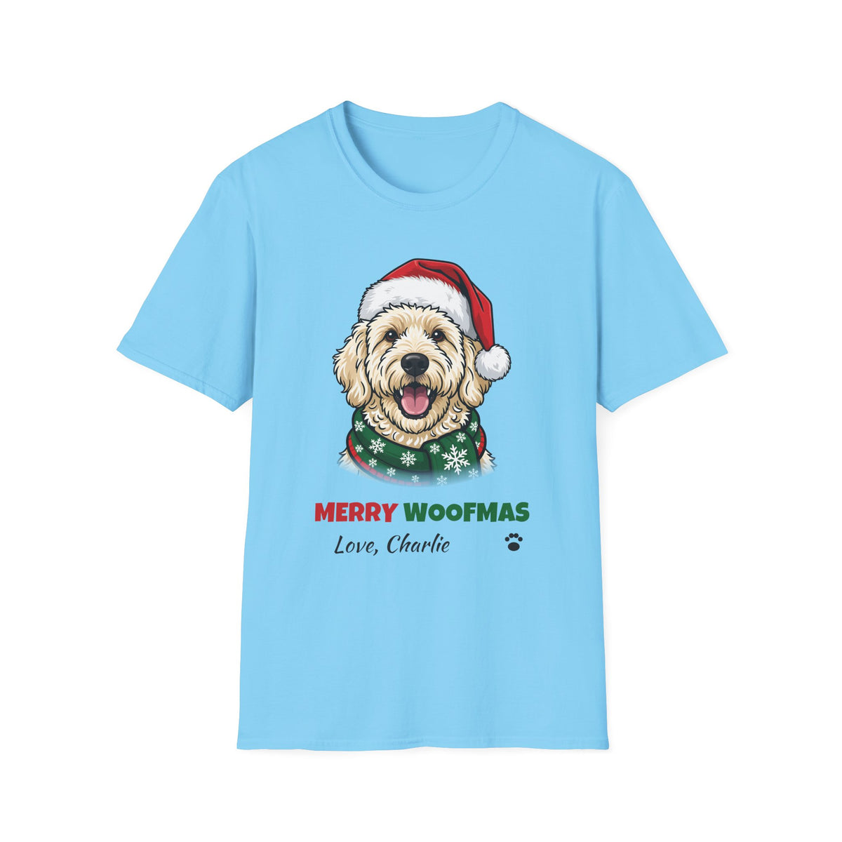 Merry Woofmas Labradoodle Christmas t-shirt in Sky, front view