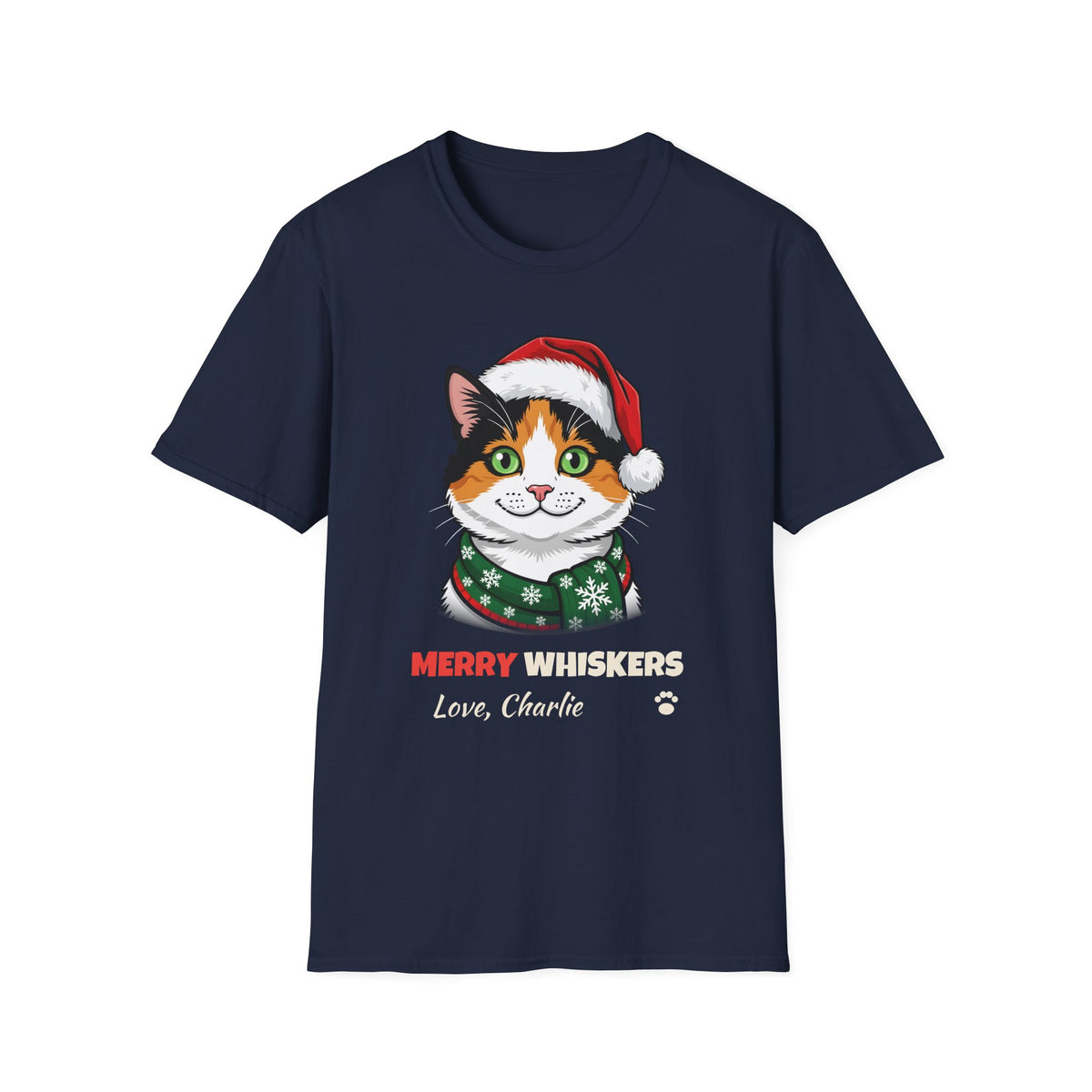 Merry Whiskers Calico Cat Christmas t-shirt in Navy, front view
