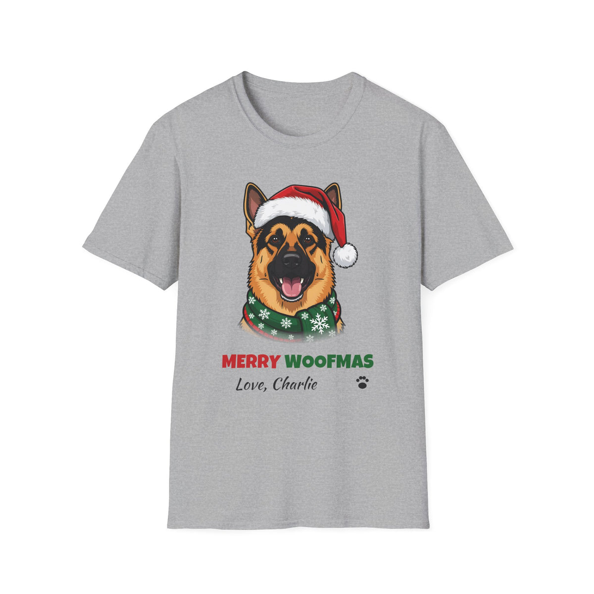 Merry Woofmas German Shepherd Christmas t-shirt in Sport Gray, front view