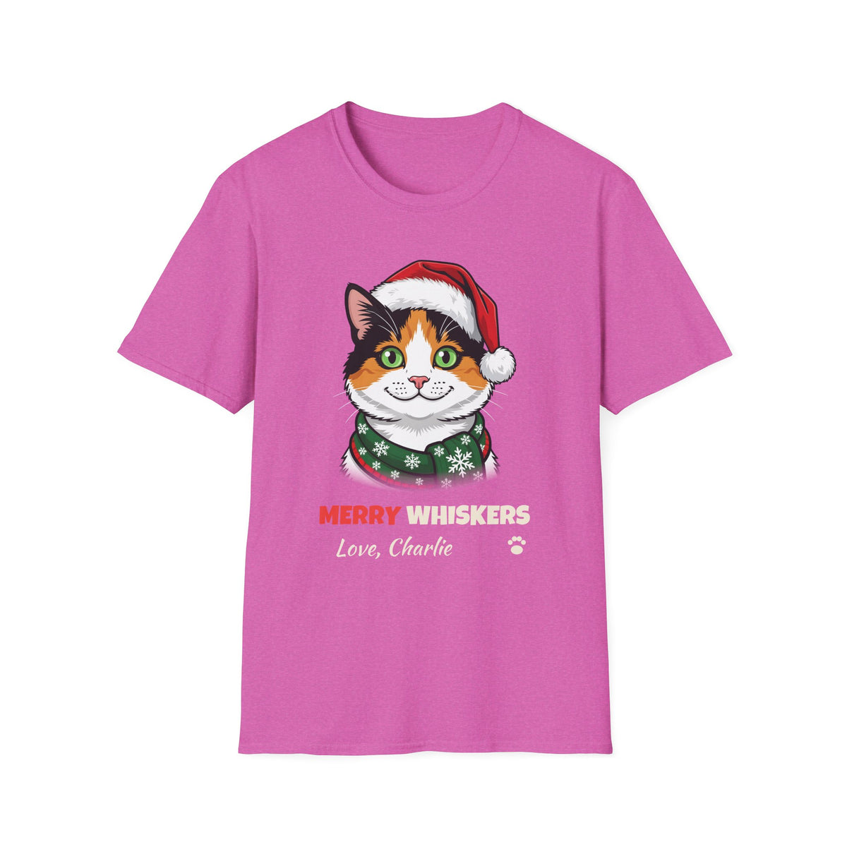 Merry Whiskers Calico Cat Christmas t-shirt in Heather Berry, front view