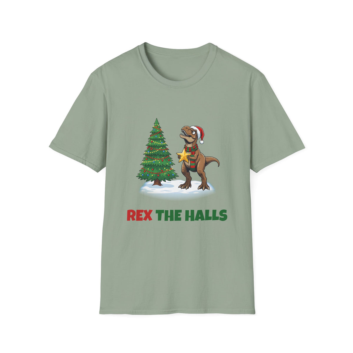 Rex the Halls Christmas t-shirt in Sage, front view