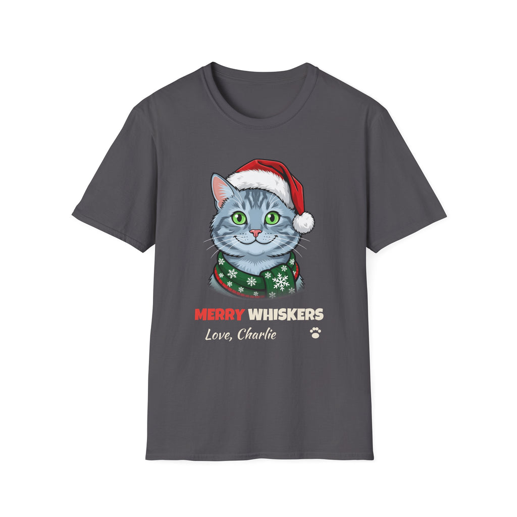 Merry Whiskers Gray Cat Christmas t-shirt in Charcoal, front view