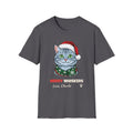 Merry Whiskers Gray Cat Christmas t-shirt in Charcoal, front view