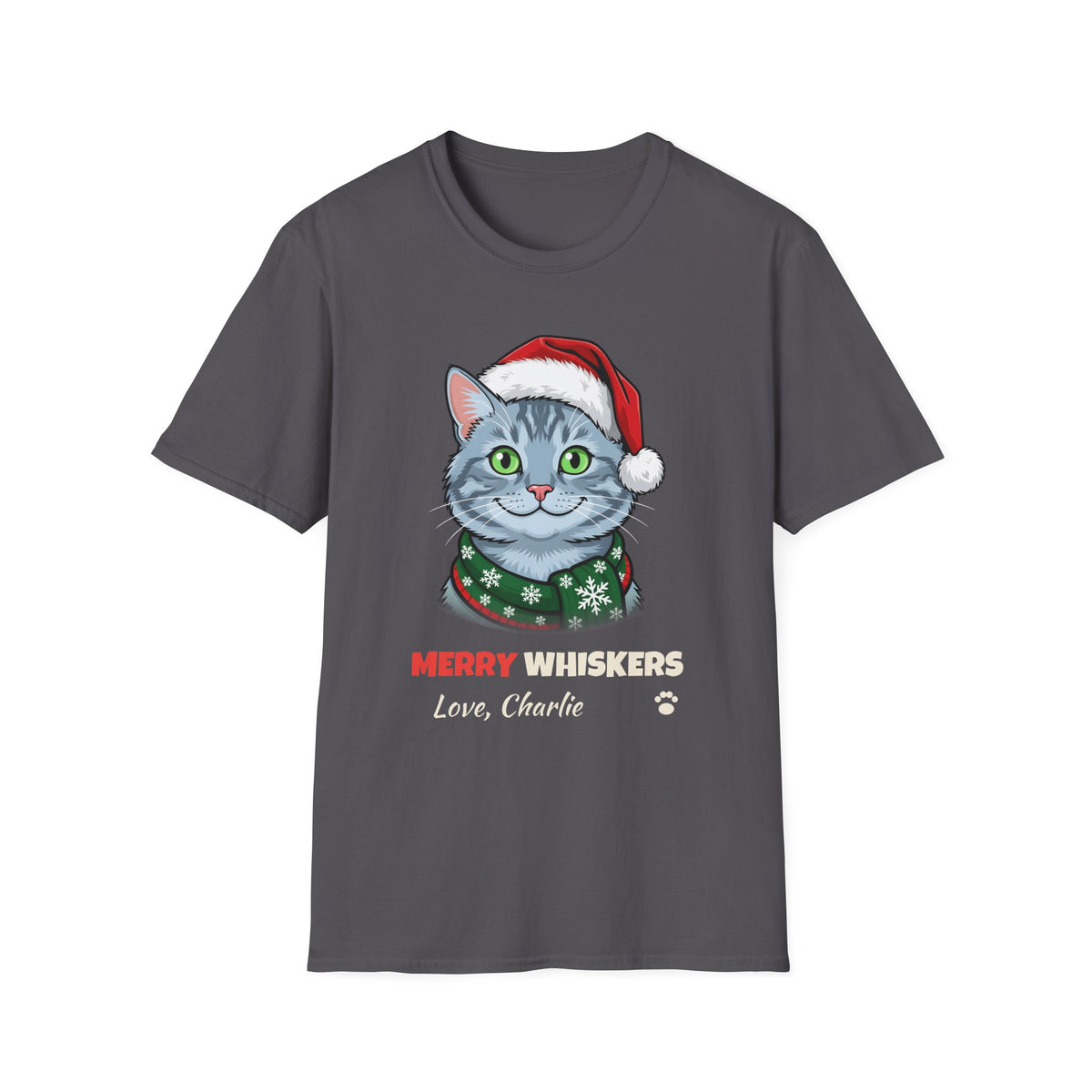 Merry Whiskers Gray Cat Christmas t-shirt in Charcoal, front view
