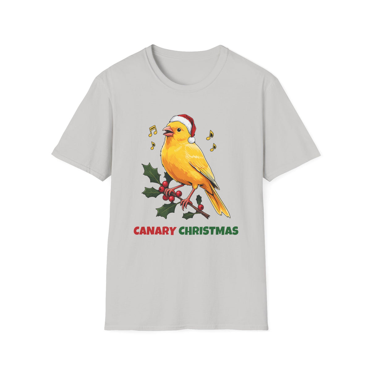 Canary Christmas t-shirt in Ice Gray, front view