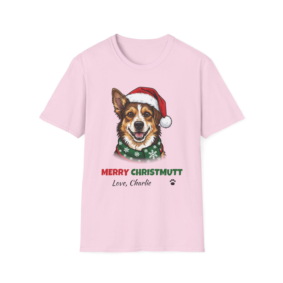 Merry Christmutt Mixed Breed Christmas t-shirt in Light Pink, front view