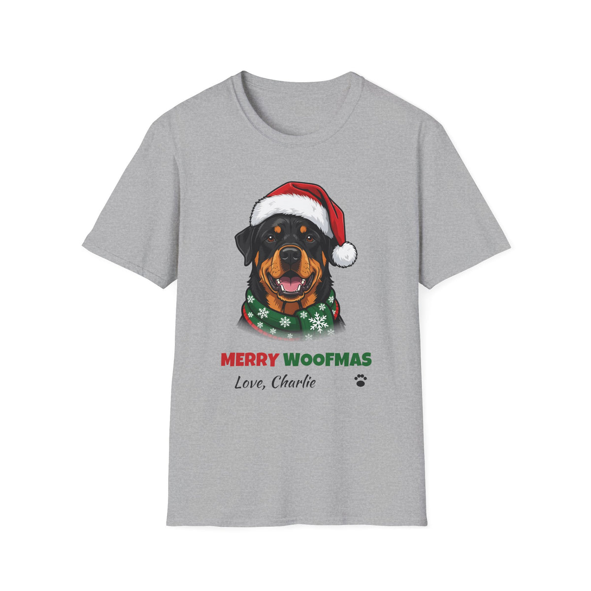 Merry Woofmas Rottweiler Christmas t-shirt in Sport Gray, front view