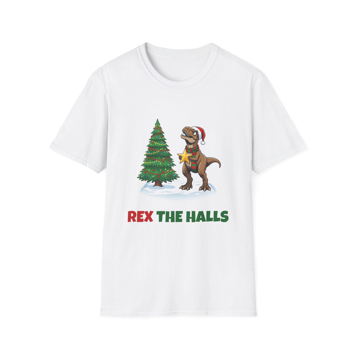 Rex the Halls Christmas t-shirt in White, front view