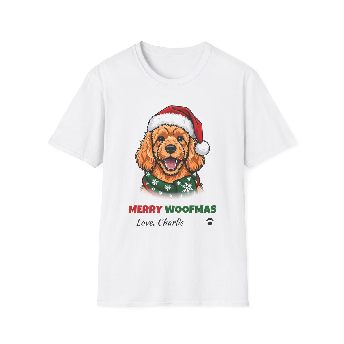Merry Woofmas Apricot Cavapoo Christmas t-shirt in White, front view