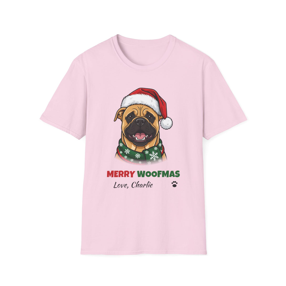 Merry Woofmas Bullmastiff Christmas t-shirt in Light Pink, front view