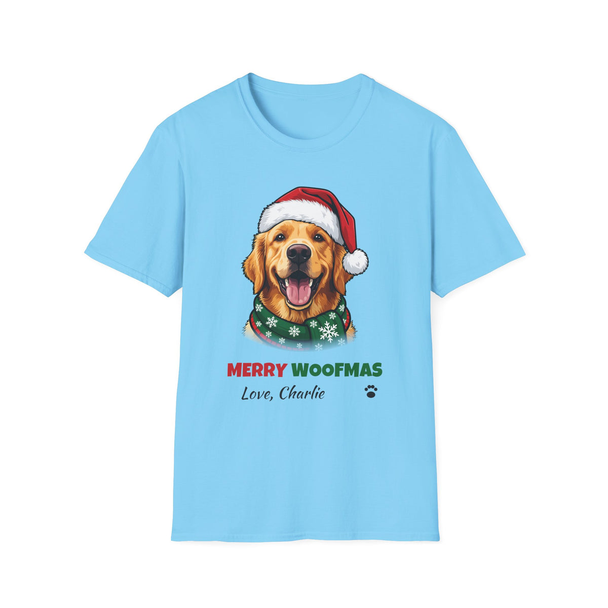 Merry Woofmas Golden Retriever Christmas t-shirt in Sky, front view