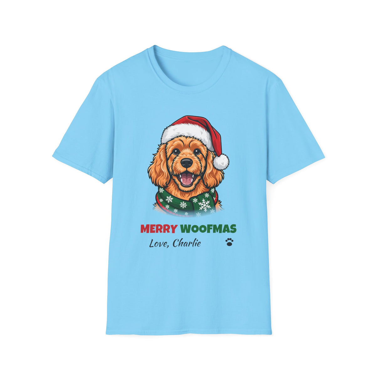 Merry Woofmas Apricot Cavapoo Christmas t-shirt in Sky, front view