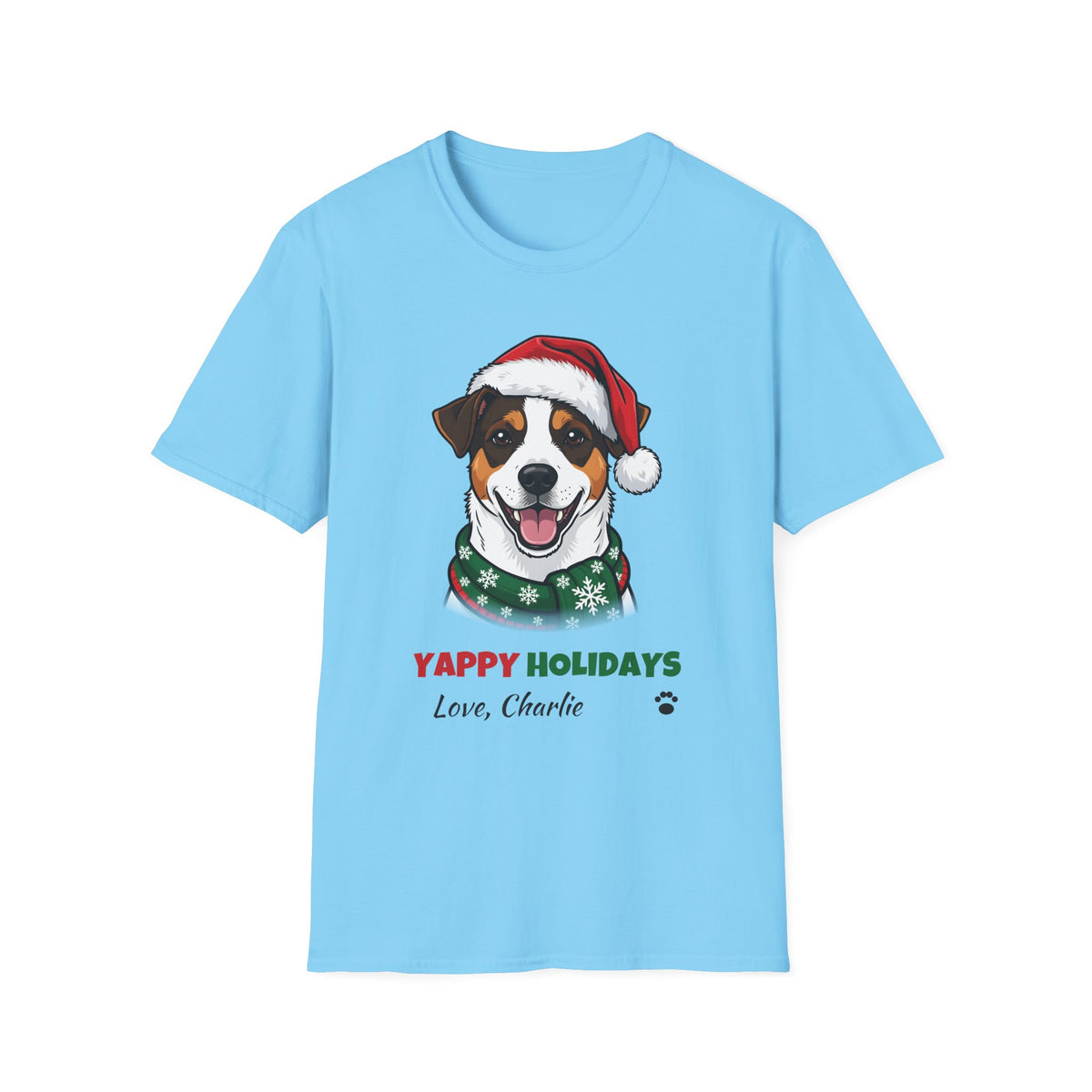 Yappy Holidays Jack Russell Terrier Christmas t-shirt in Sky, front view
