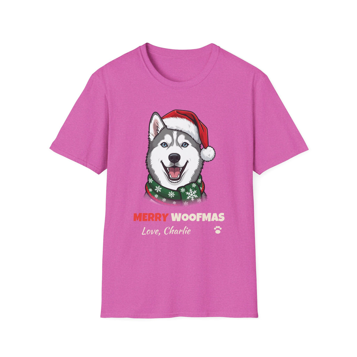 Merry Woofmas Siberian Husky Christmas t-shirt in Heather Berry, front view