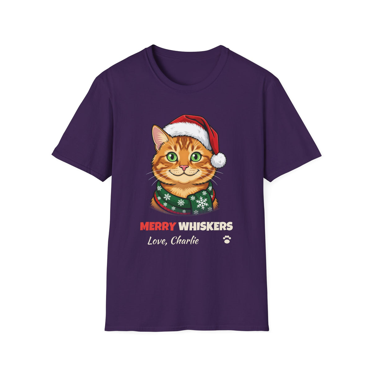 Merry Whiskers Ginger Tabby Cat Christmas t-shirt in Purple, front view