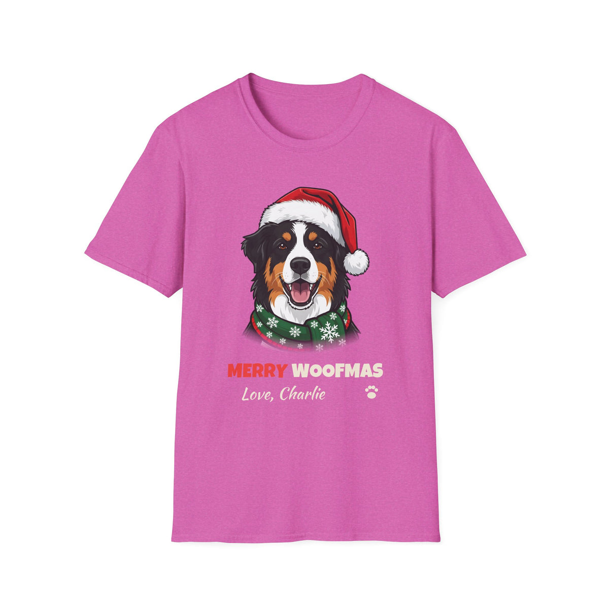 Merry Woofmas Australian Shepherd Christmas t-shirt in Heather Berry, front view