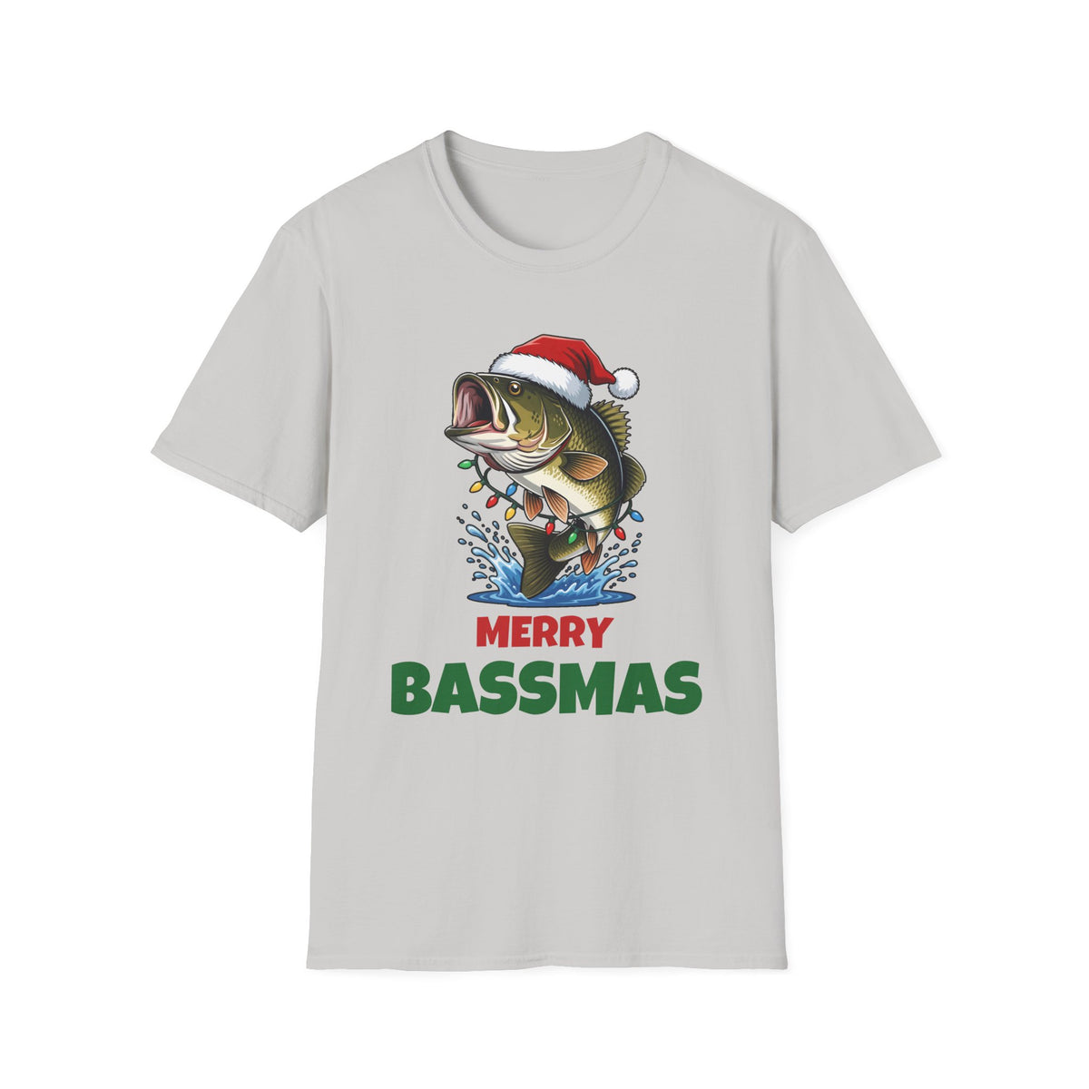 Merry Bassmas Christmas t-shirt in Ice Gray, front view