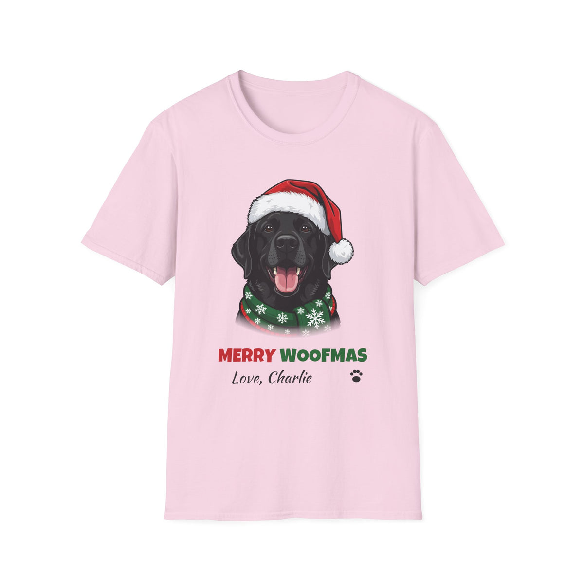 Merry Woofmas Black Labrador Christmas t-shirt in Light Pink, front view