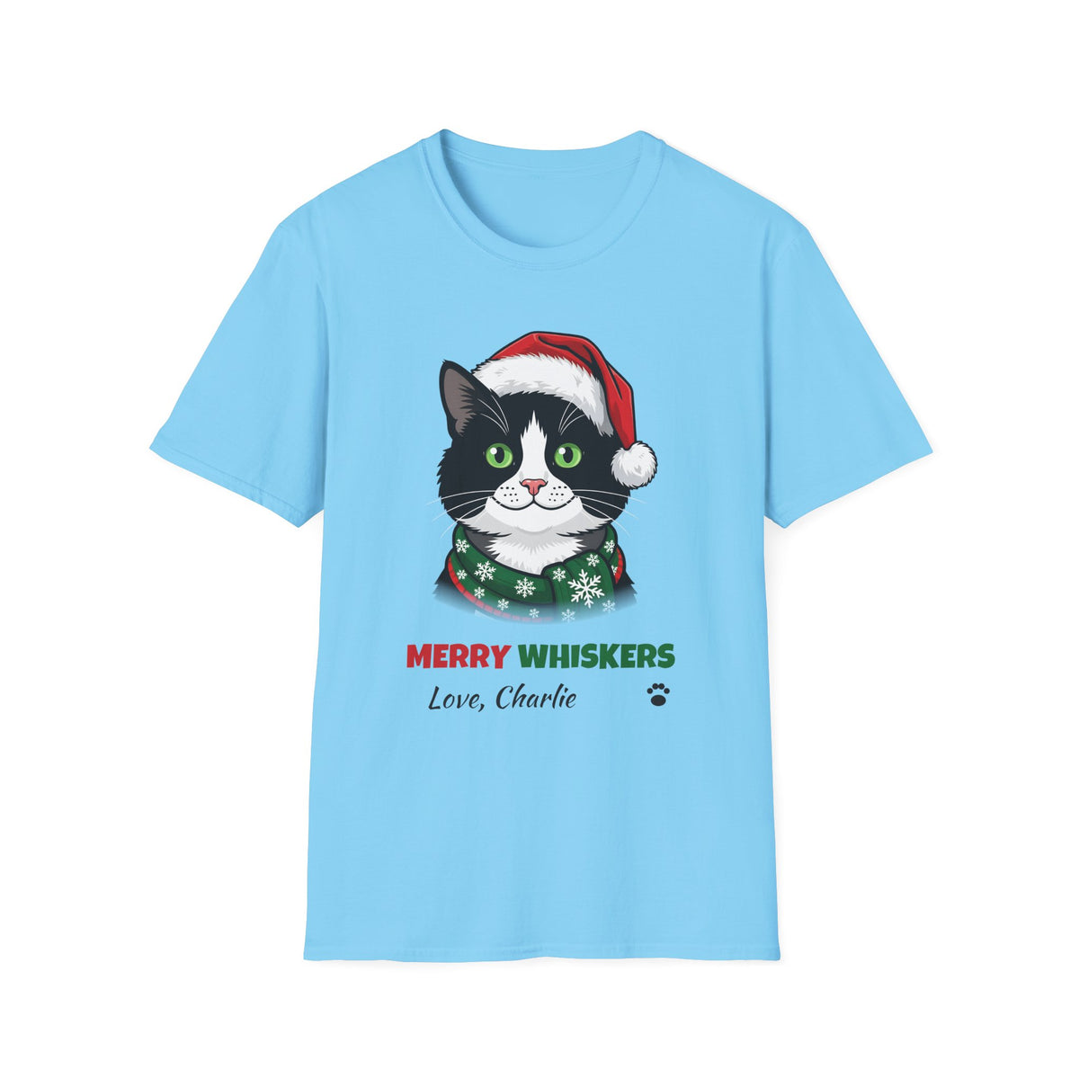 Merry Whiskers Tuxedo Cat Christmas t-shirt in Sky, front view