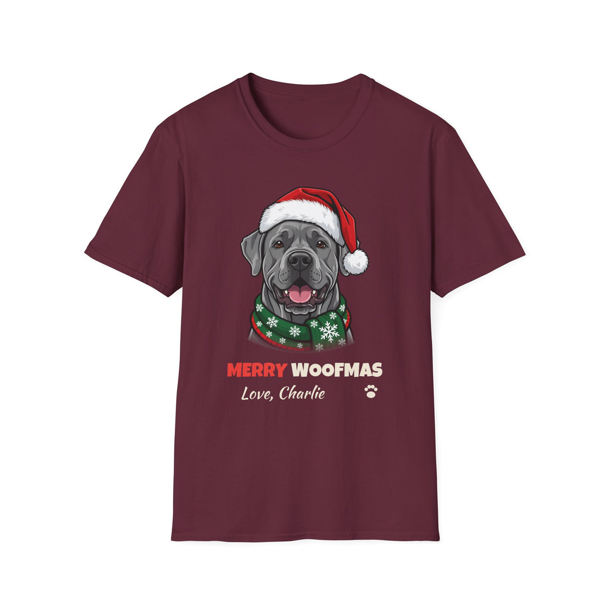 Merry Woofmas Cane Corso Christmas t-shirt in Maroon, front view