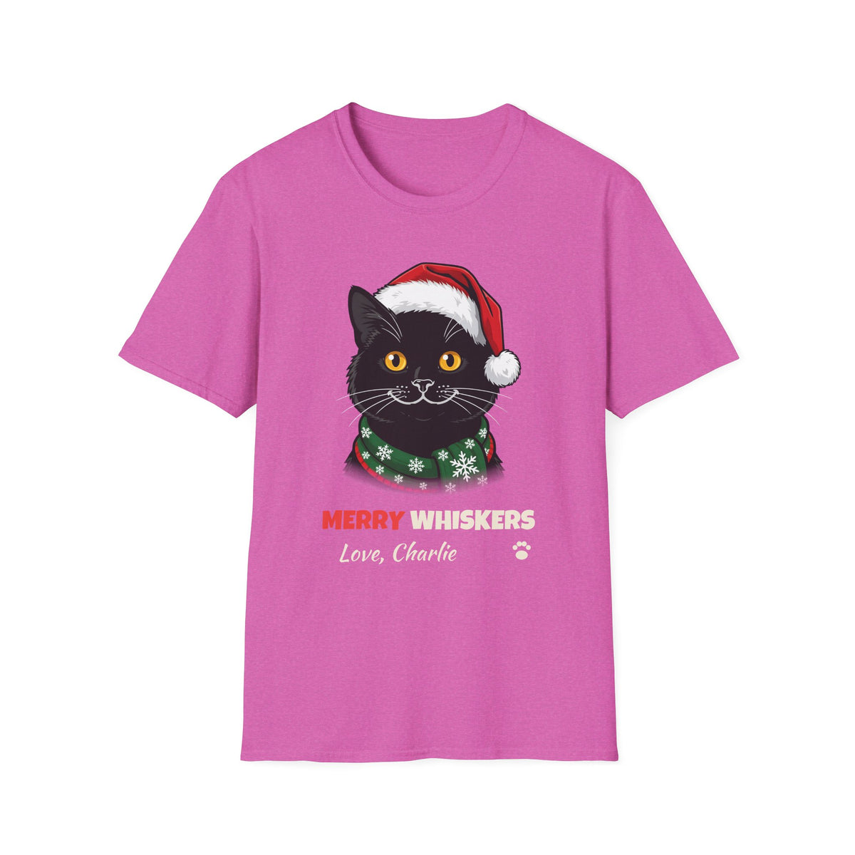 Merry Whiskers Black Cat Christmas t-shirt in Heather Berry, front view