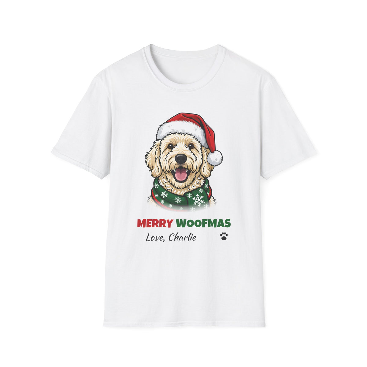 Merry Woofmas Labradoodle Christmas t-shirt in White, front view