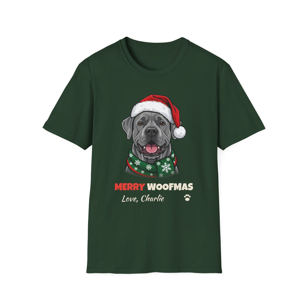Merry Woofmas Cane Corso Christmas t-shirt in Forest Green, front view