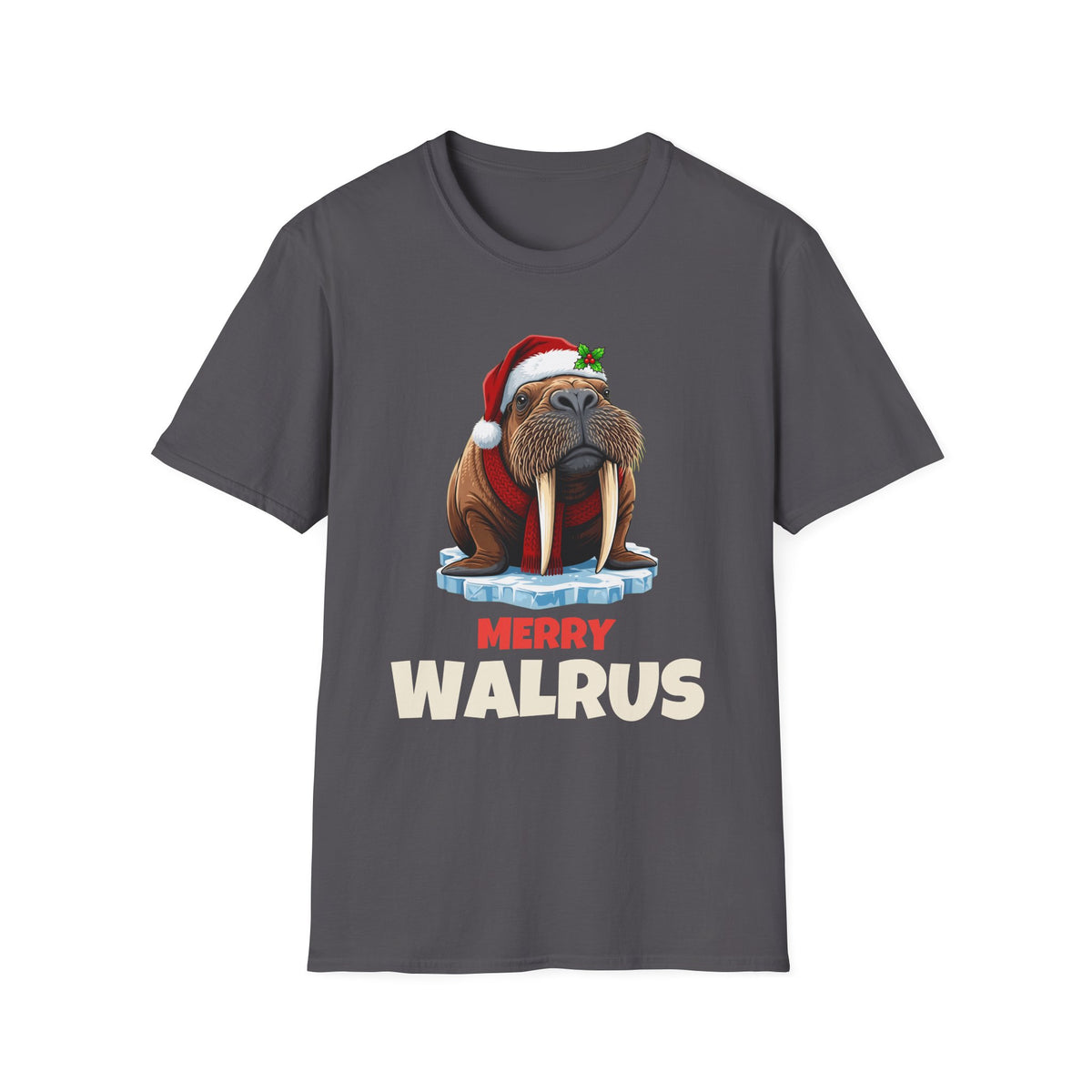 Merry Walrus Christmas t-shirt in Charcoal, front view
