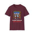 Tyranno-Chorus Rex Christmas t-shirt in Maroon, front view