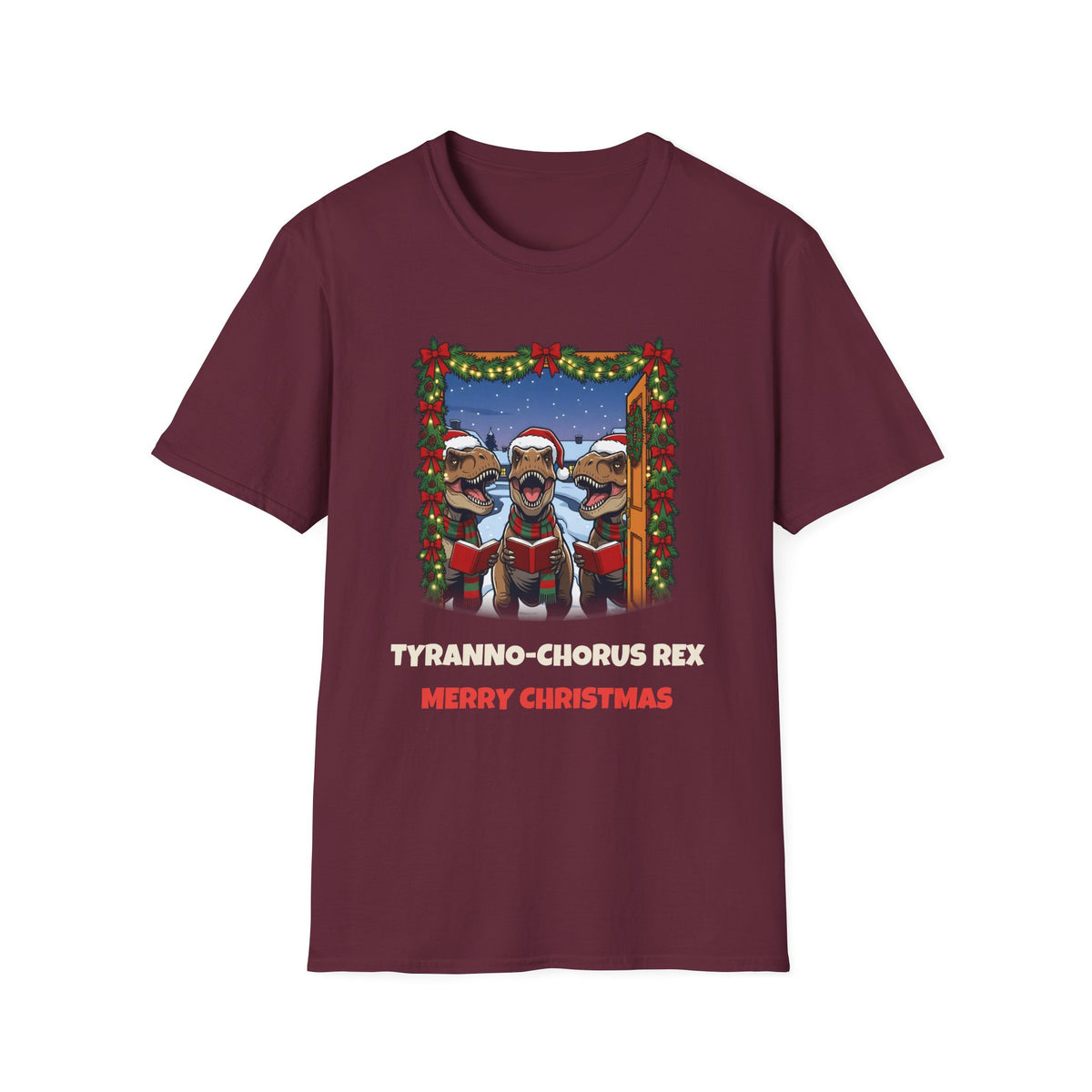 Tyranno-Chorus Rex Christmas t-shirt in Maroon, front view