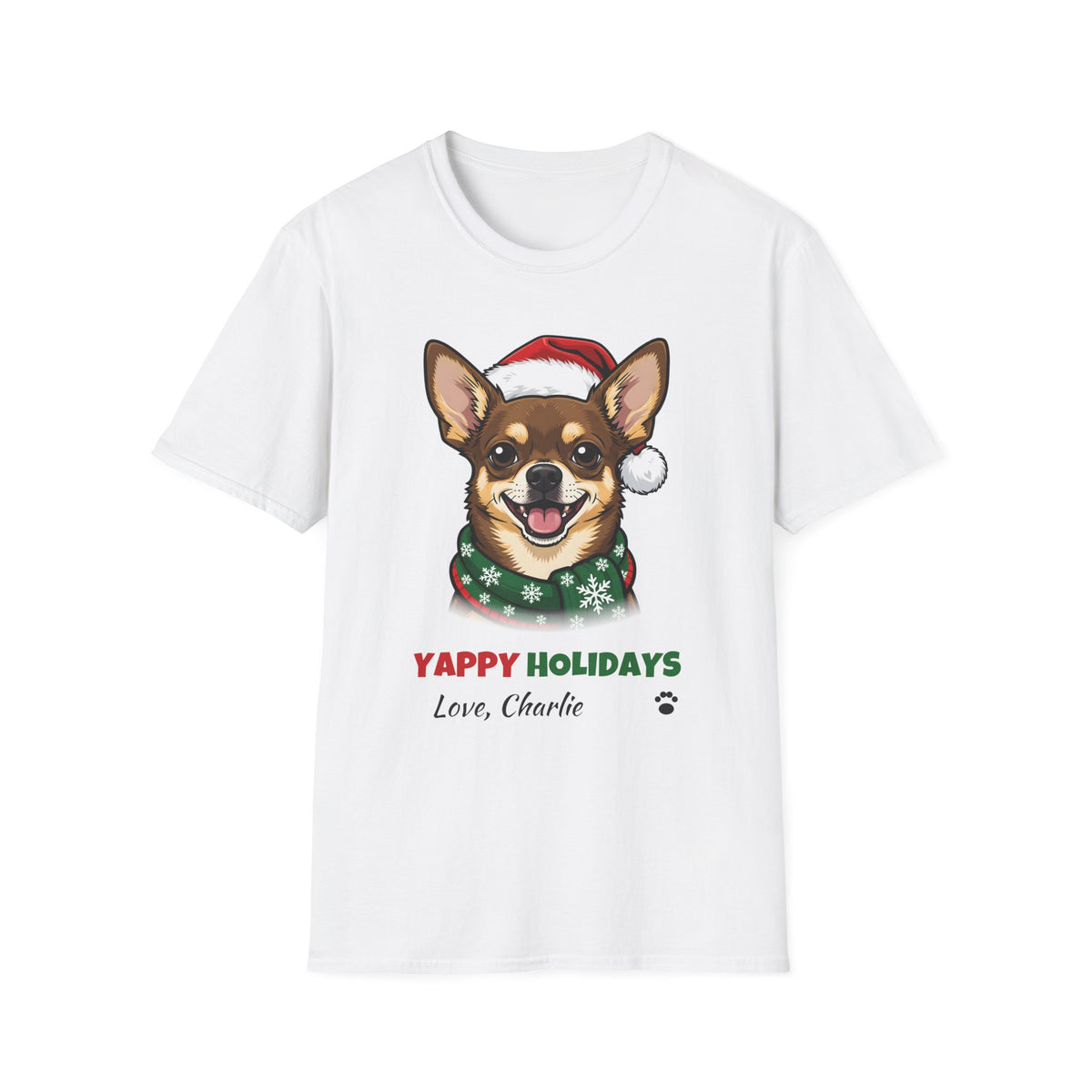 Yappy Holidays Chihuahua Christmas t-shirt in White, front view