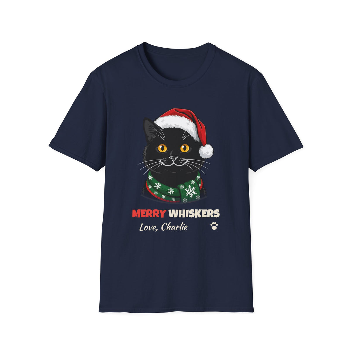 Merry Whiskers Black Cat Christmas t-shirt in Navy, front view